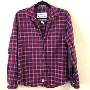 Frank & Eileen Plaid Button Down Top Large Blue Red 100% Cotton
